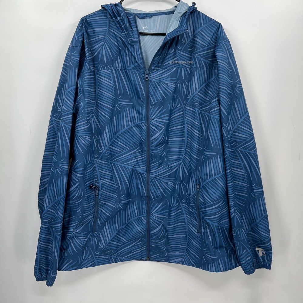 Southern Tide Palm Leaf Print Hooded Lightweight Windbreaker Jacket XL Blue‎
